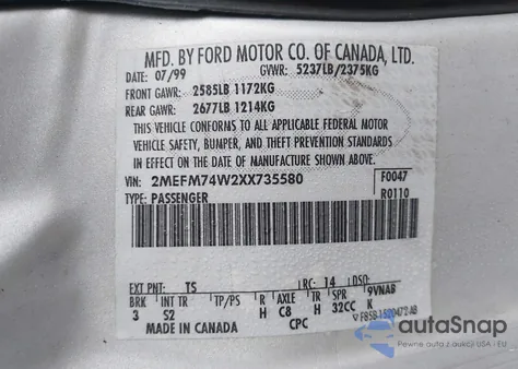 1999 Mercury Grand Marquis Gs из США, поврежденный, VIN 2MEFM74W2XX735580